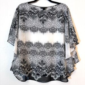 INC International Concepts Dolman Sleeve Boho Paisley Blouse Black White Sz 4